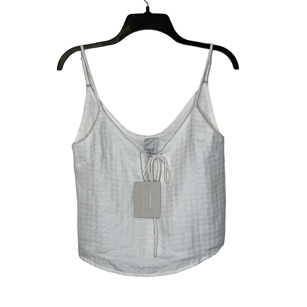 Minpink Tie Front V-Neck Tank White Cropped Top Adjustable‎ Strap Women XS NWT